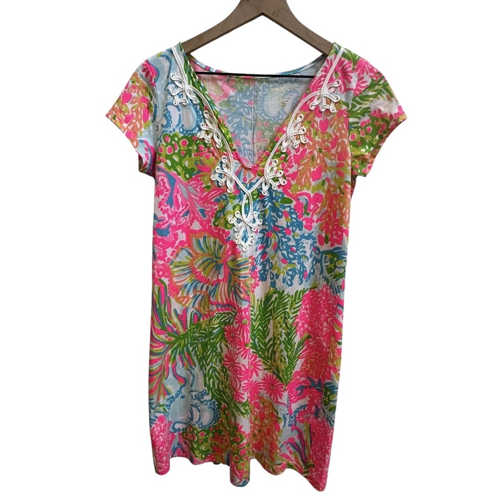 Lilly Pulitzer Brewster Dress Sz Small Lovers Coral Print Bright Tropical - Picture 2 of 7
